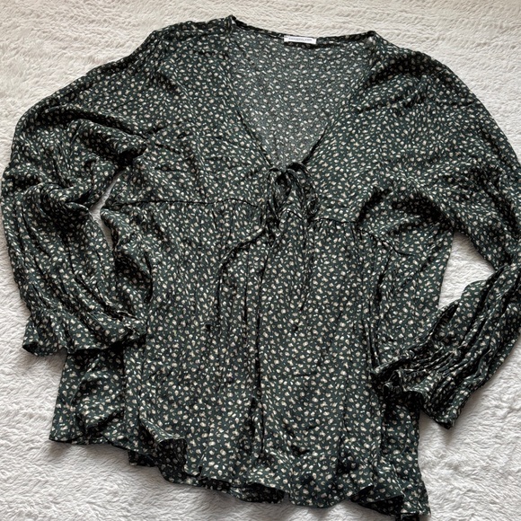 Chic Soul Tops - Chic Soul Dark Green Floral Tie-Front Blouse